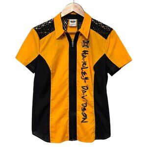 HARLEY DAVIDSON Full Zip Biker Top Size M Spell Out Open Cut at Shoulders EUC